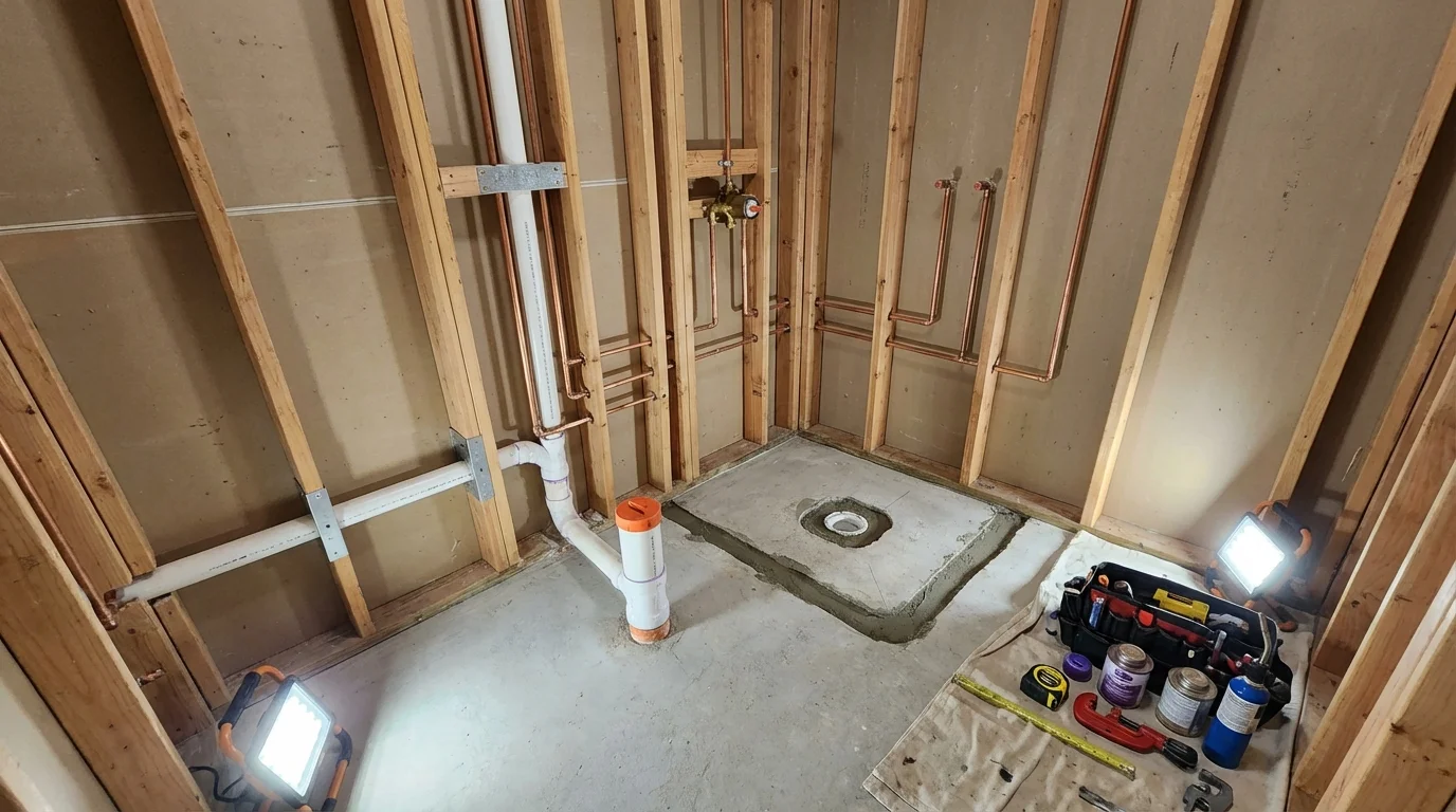 Bathroom rough-in plumbing during remodel by Johns Plumbing LLC in Toughkenamon