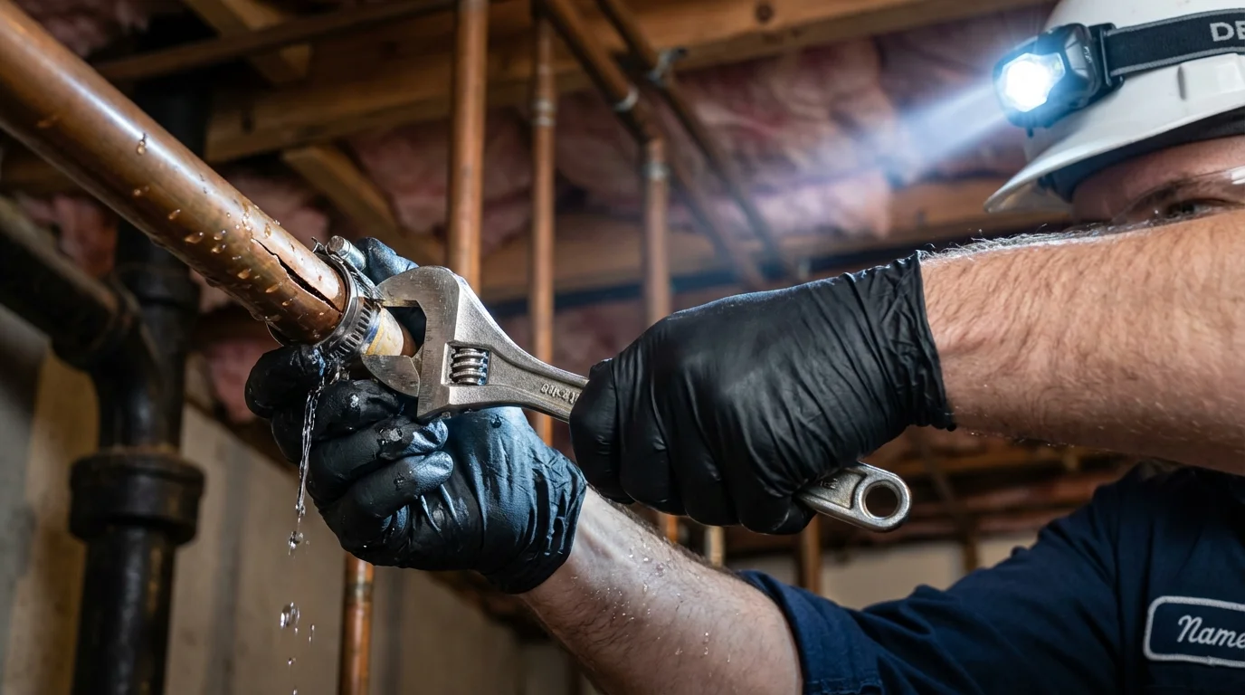 Emergency pipe clamp repair being performed by a Johns Plumbing LLC plumber in Toughkenamon