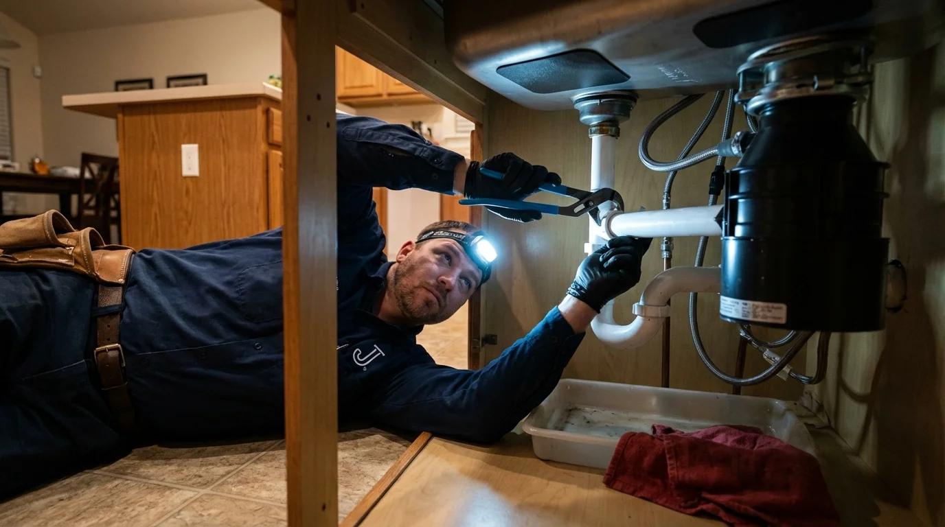 P-trap and supply line connections under a kitchen sink showing a common leak point in Toughkenamon, PA